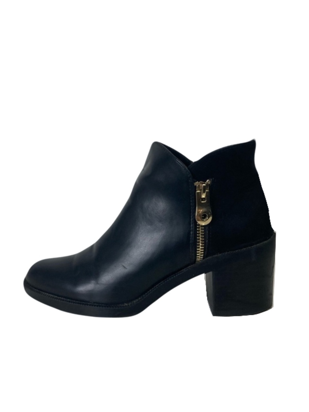 ZARA TRAFALUC Boots 37/US 7 Black Leather Ankle Stack Block Heel